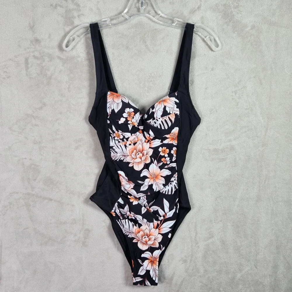 Cupshe Swimwear Womens‎ XS Floral Ruched One Piece Swimsuit Black Orange Summer